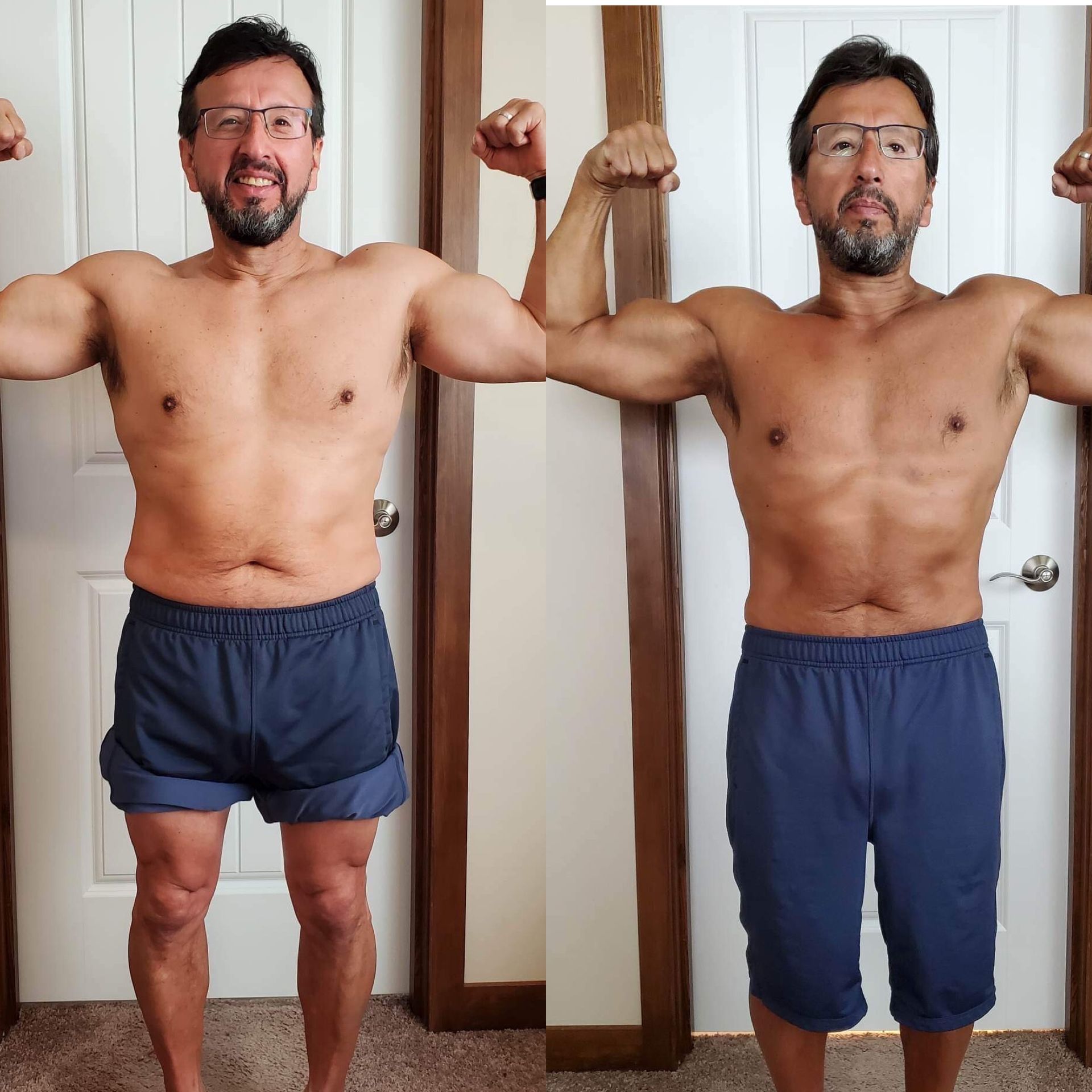 Two men are flexing their muscles in front of a door.