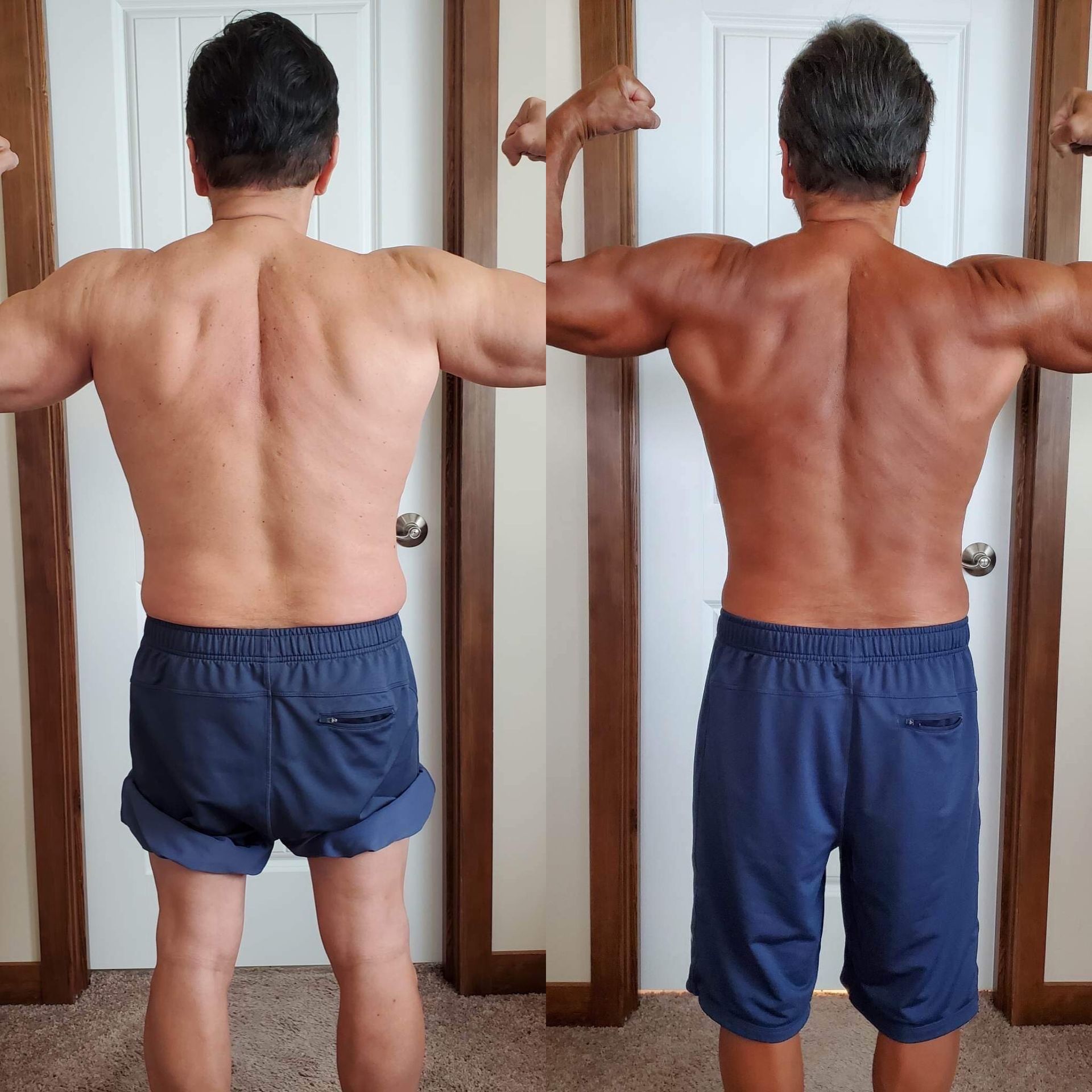 A shirtless man in blue shorts is flexing his muscles