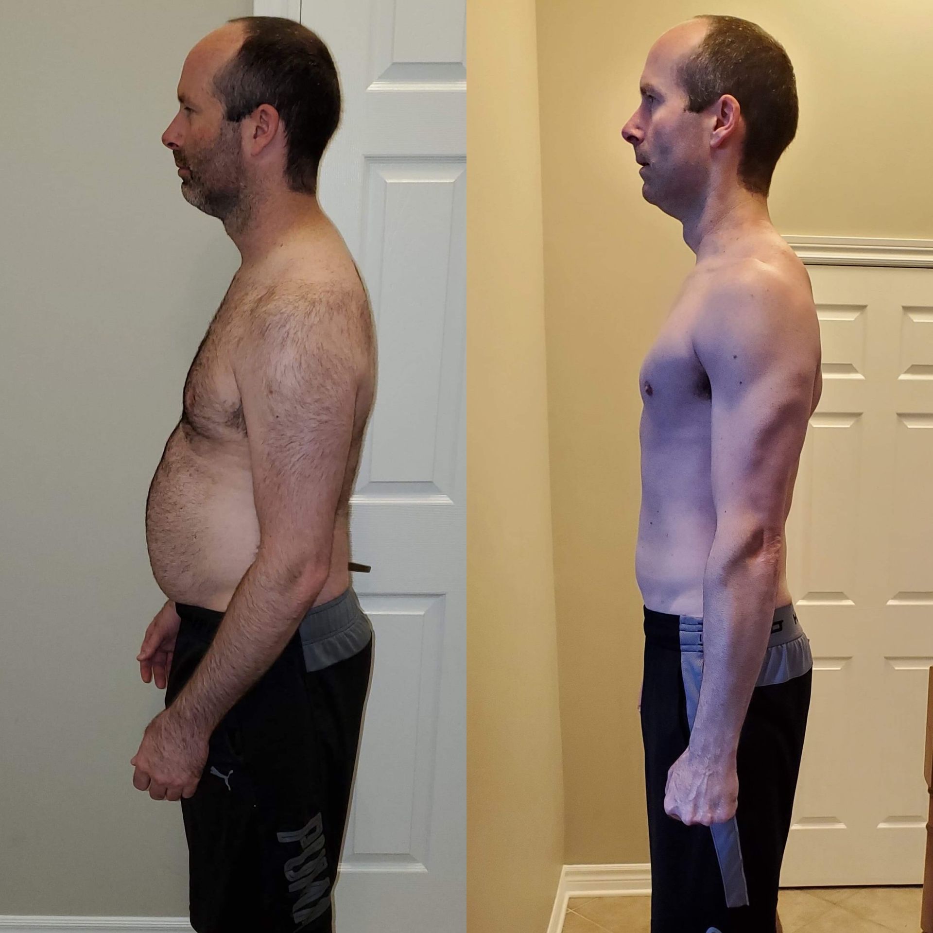 A before and after photo of a shirtless man