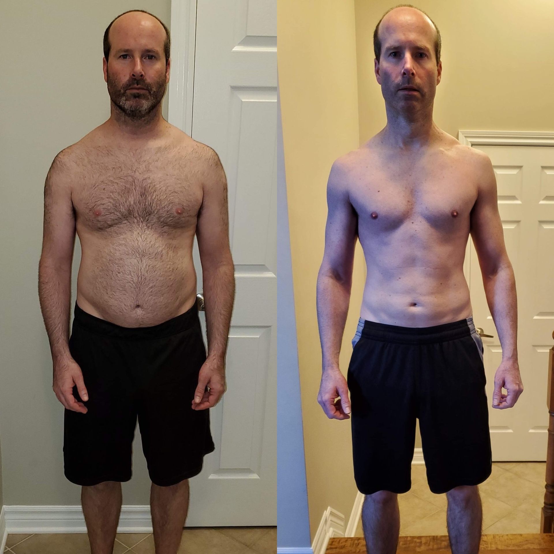 A before and after photo of a shirtless man