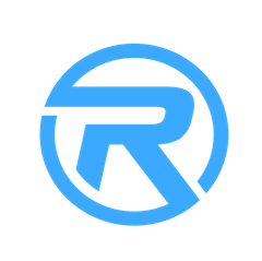 The letter r is in a blue circle on a white background.