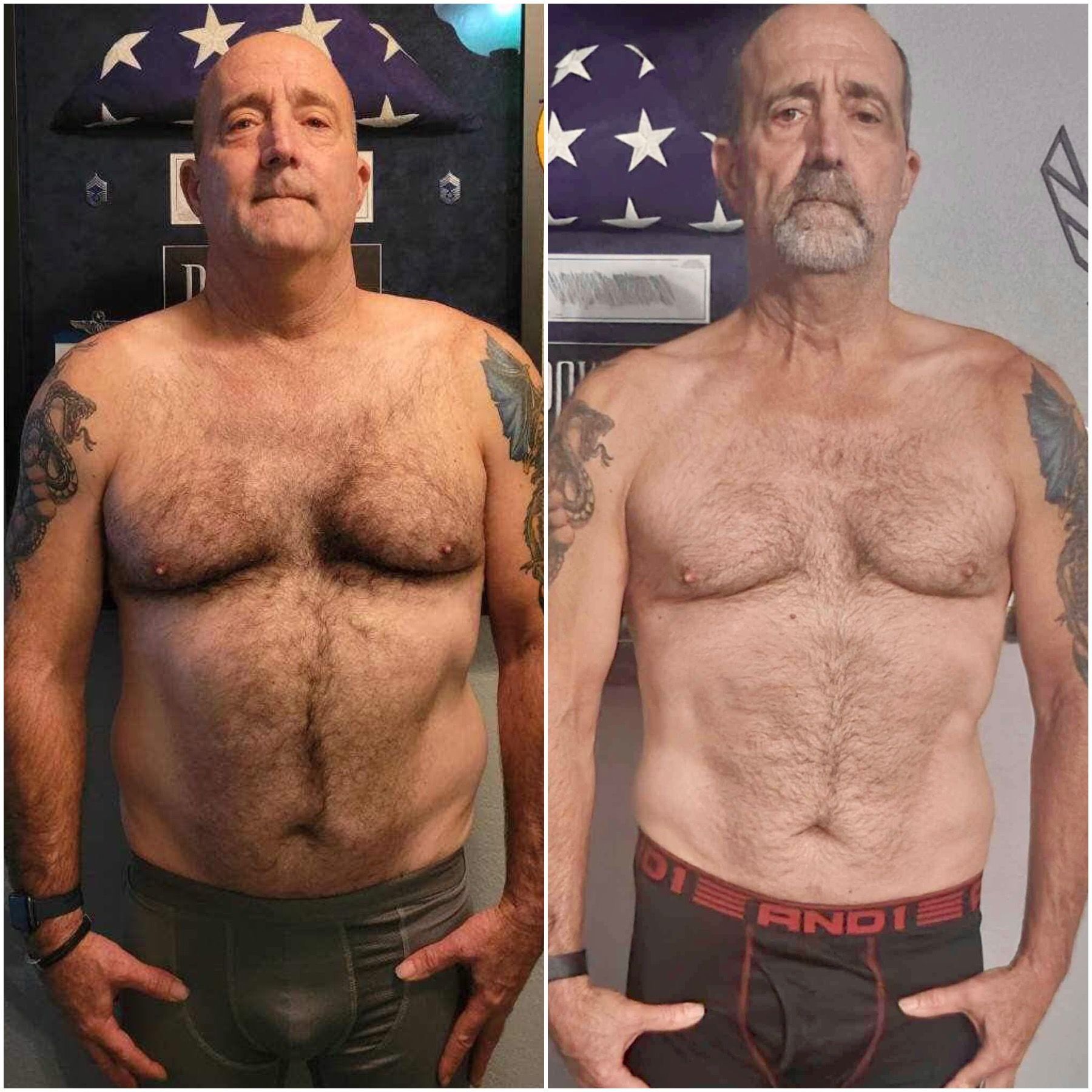 A before and after picture of a man without a shirt.