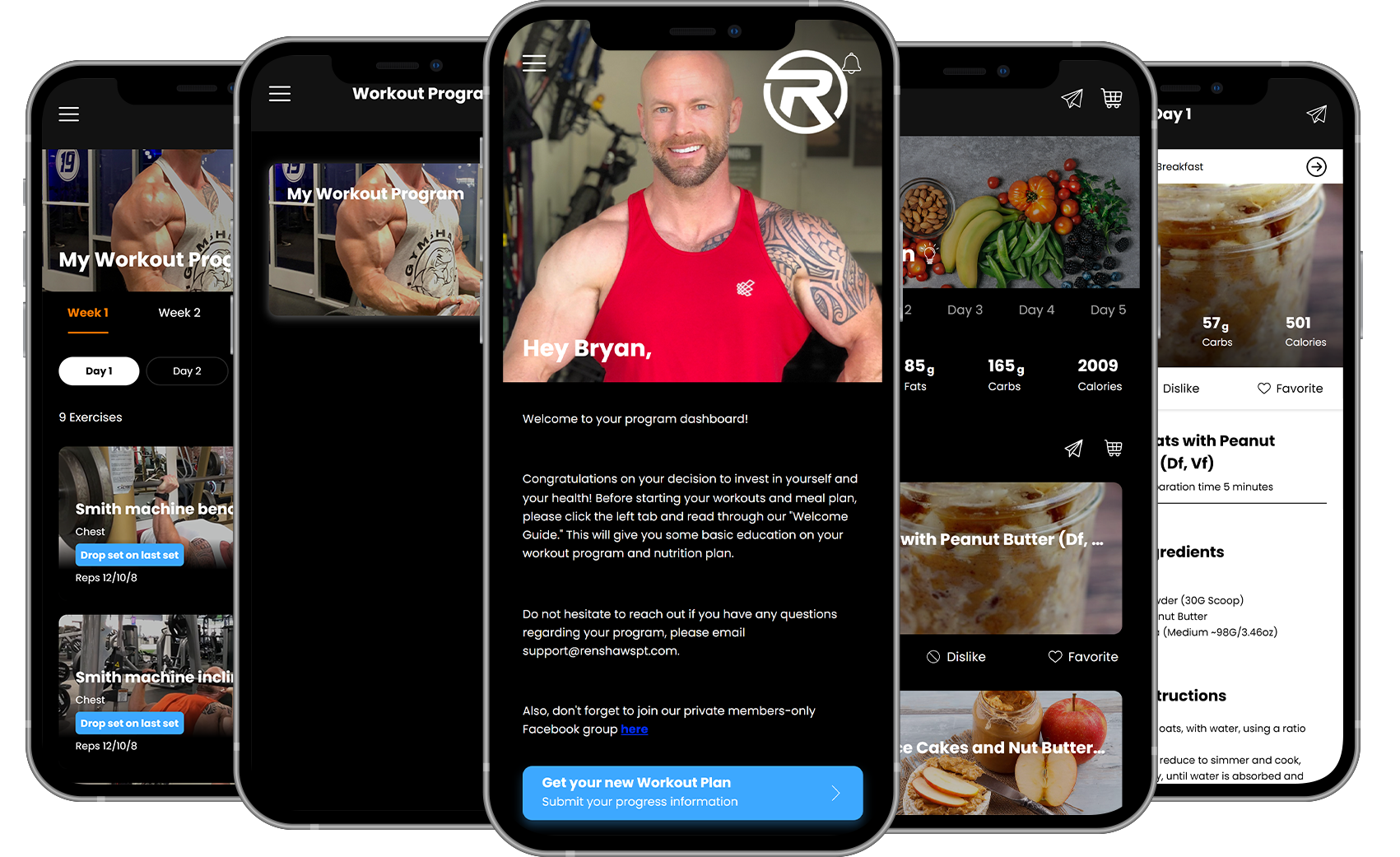 A group of cell phones displaying a workout app.
