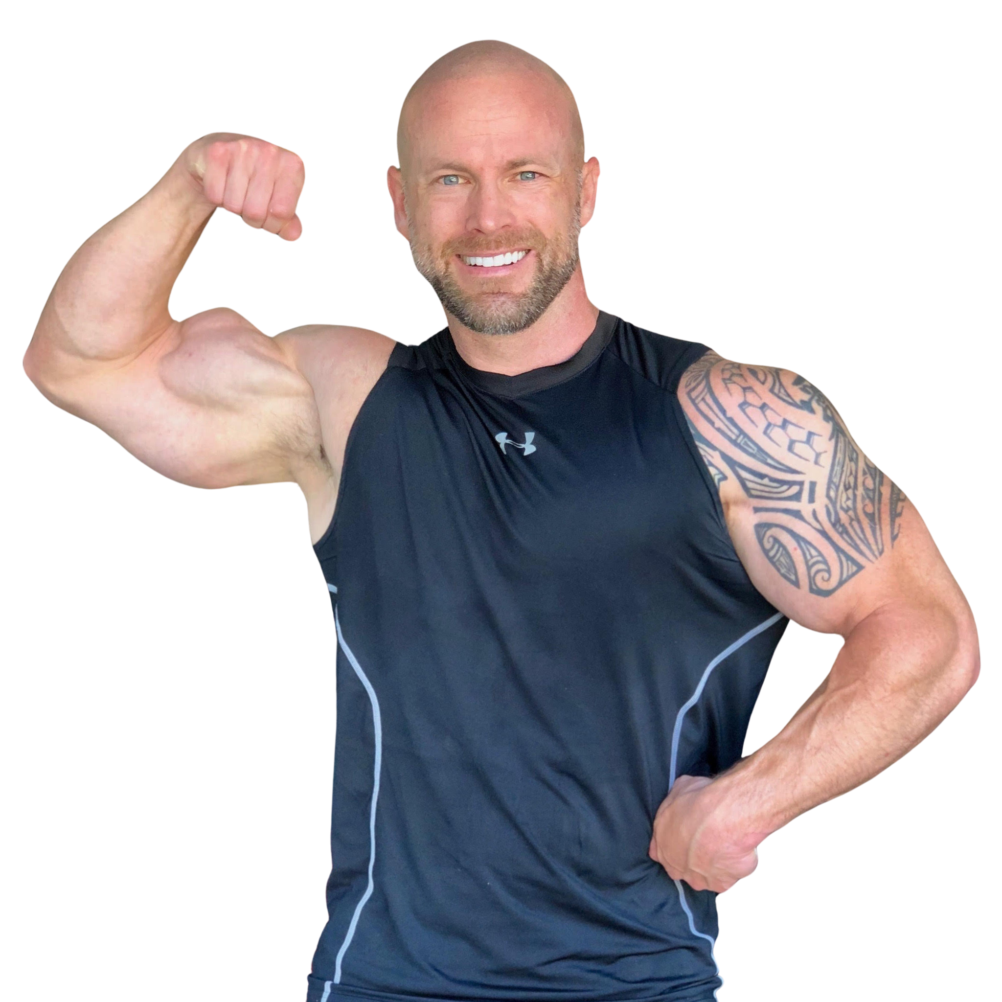 A man with a tattoo on his arm is flexing his muscles