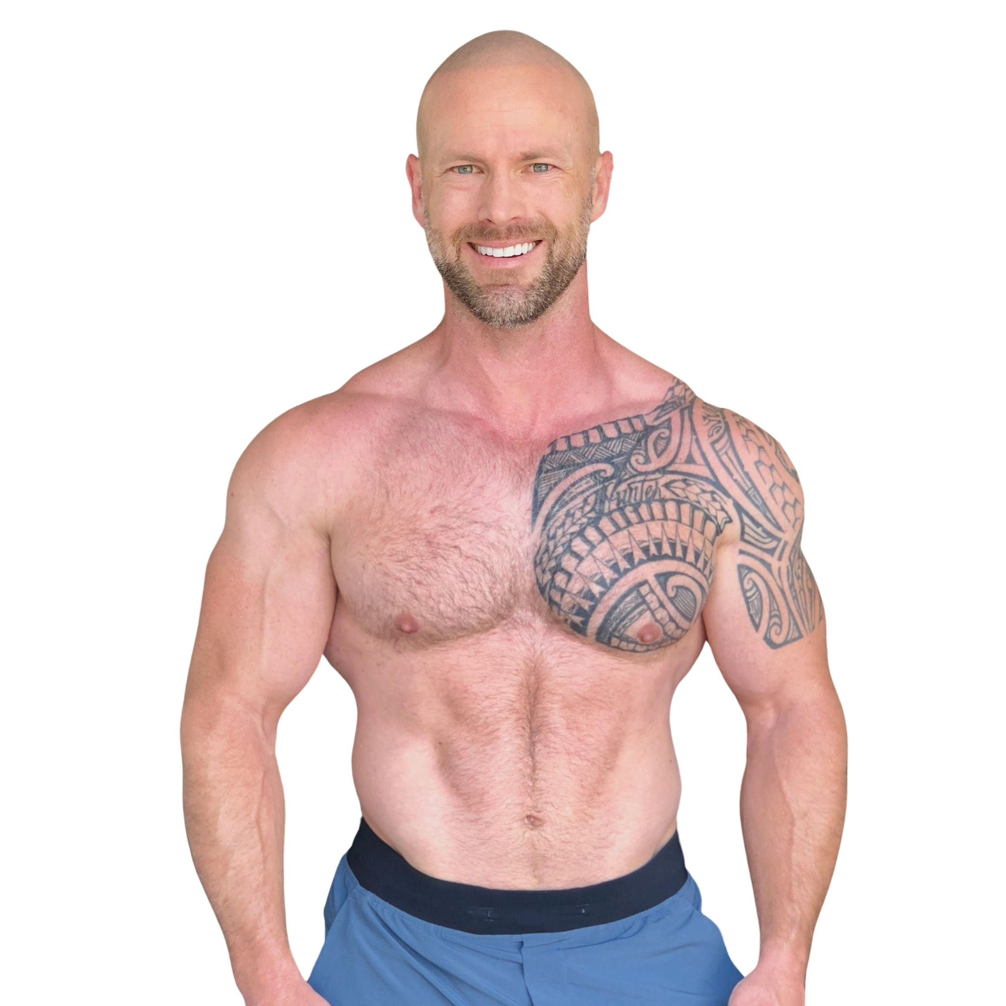 A shirtless man with a tattoo on his chest