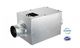 Silver rectangular HVAC duct unit with a round metal vent opening on the left