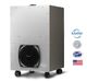 Silver air purifier unit with front fan grille and certification logos on the right.