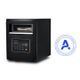 Black tabletop space heater with digital control panel on a white background