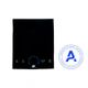 Black glass induction cooktop with blue control dial and touch icons, shown beside a blue logo.