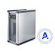 Silver desktop computer tower with black accents, shown in three-quarter view on a white background.
