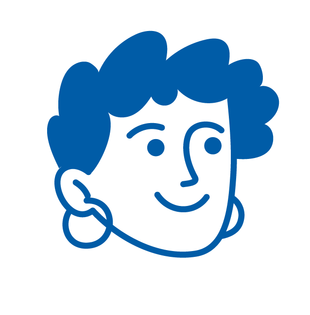 Blue line-art smiling face icon with curly hair and hoop earrings