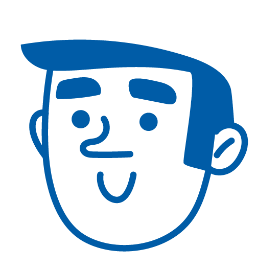Blue line-art smiling face logo with stylized hair and ears on a white background