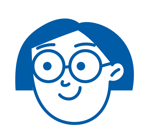 Blue line icon of a smiling person with glasses and short hair