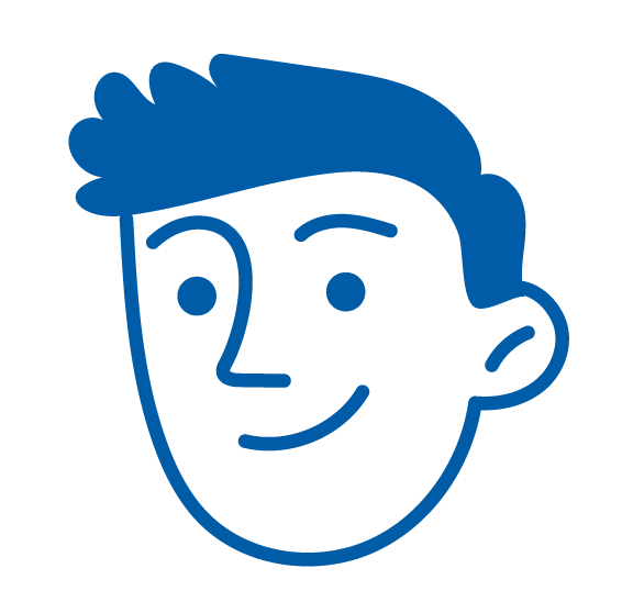 Blue outline cartoon face with smiling expression and short hair icon
