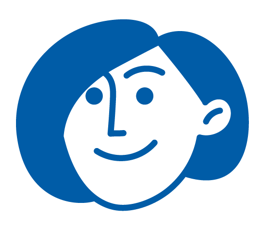 Blue-and-white cartoon face with a smiling expression and simple line features