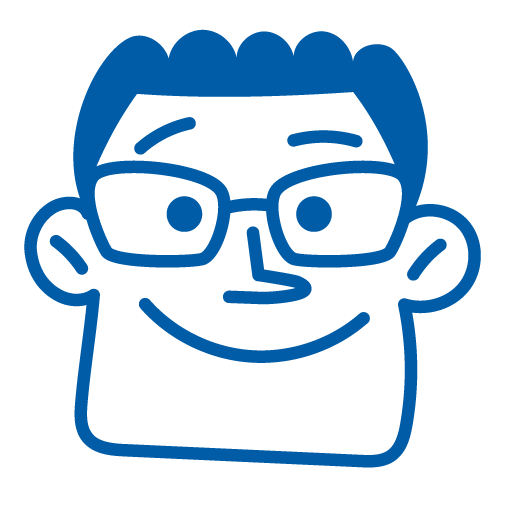 Blue line-art cartoon face with glasses, smiling, on a white background