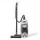 Silver upright vacuum cleaner with hose and floor nozzle on a white background