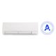White wall-mounted air conditioner with a blue circular logo on the right