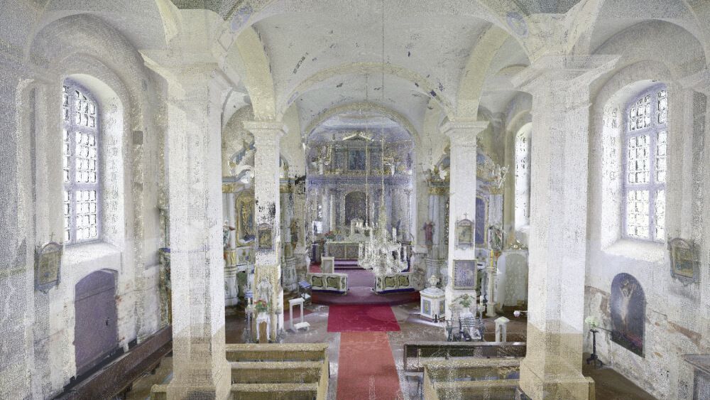 Point cloud and 3D model of the Holy Trinity Roman Catholic Church in Kuldiga