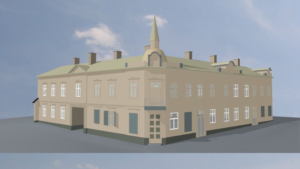 Point cloud and 3D model of a two-story residential building in Tukums