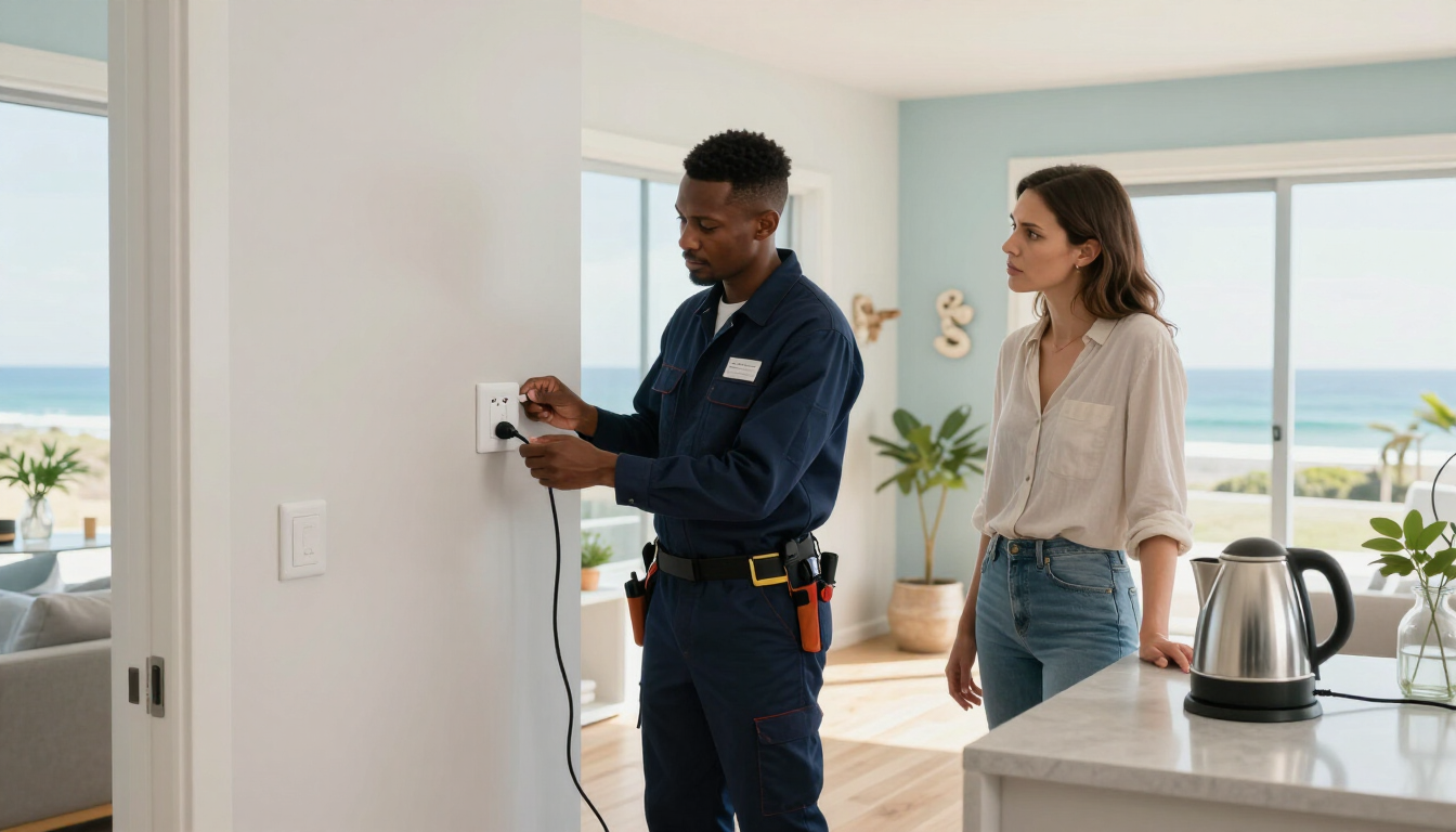 Two people adjusting a ceiling light in a bright living room with ocean view