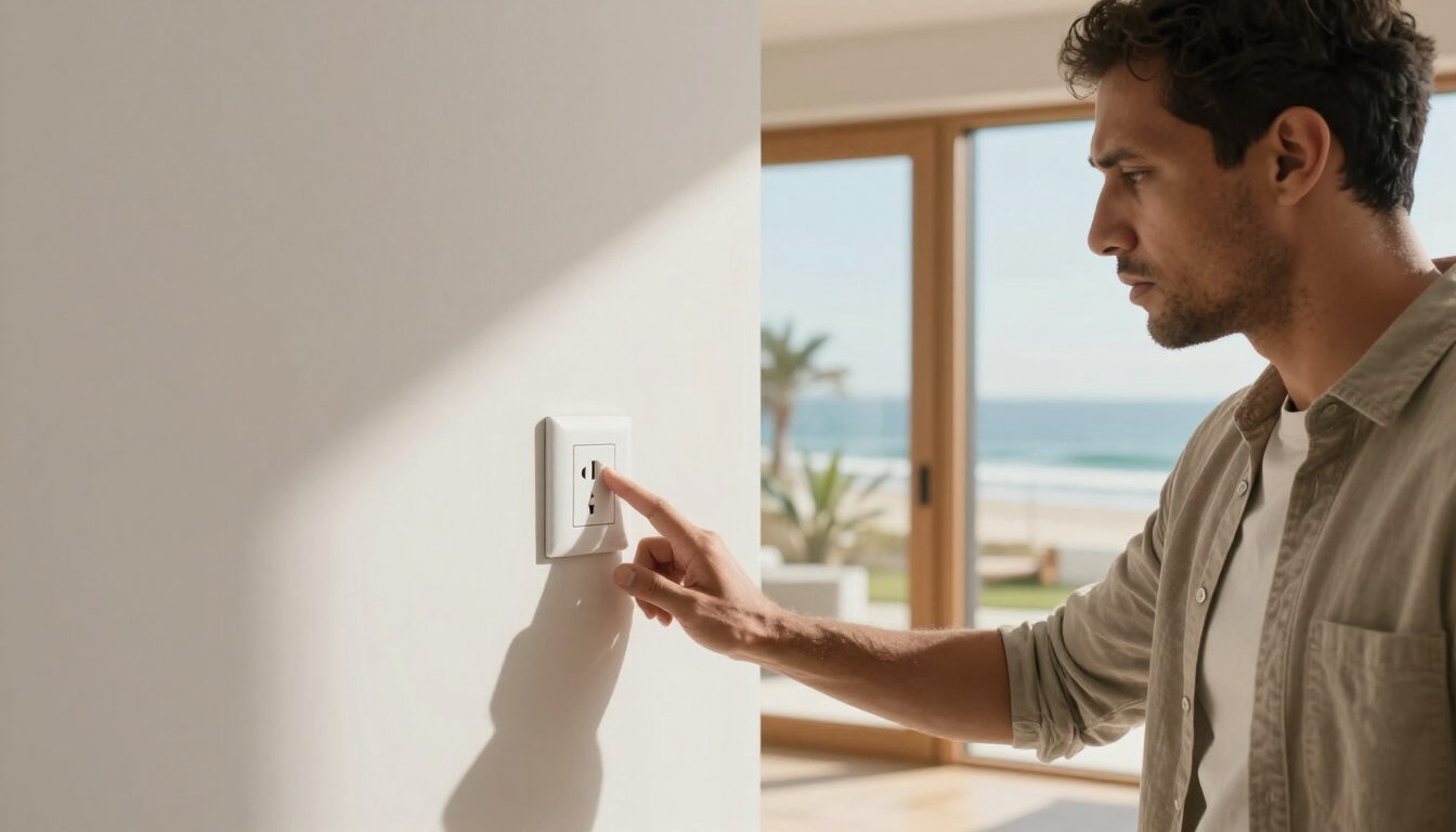 Man adjusting a wall thermostat in a bright room with ocean view through the window