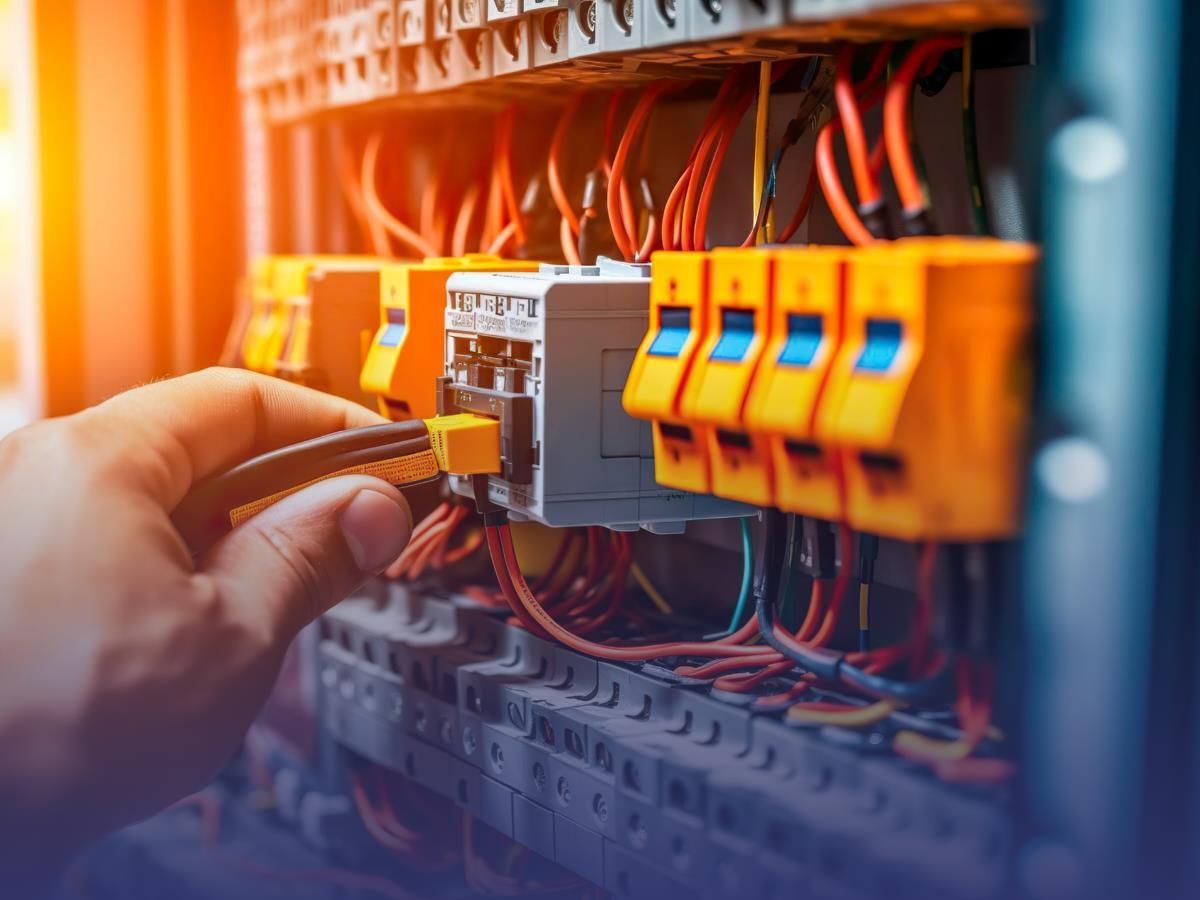 Hand plugging a cable into an electrical control panel with orange switches and wires