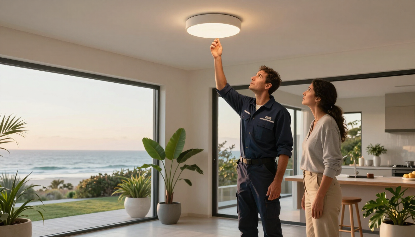 Two people adjusting a ceiling light in a bright living room with ocean view
