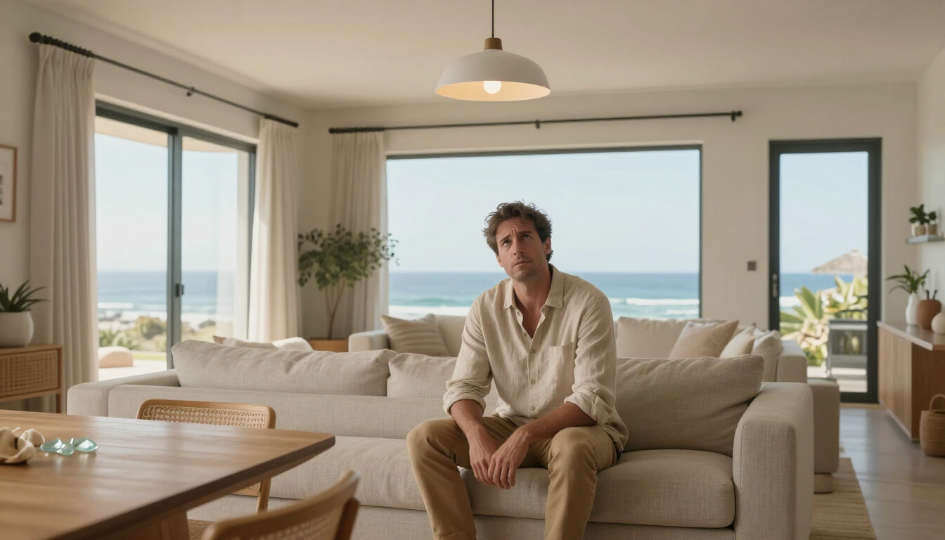 Person sitting on a sofa in a bright living room with large windows and an ocean view