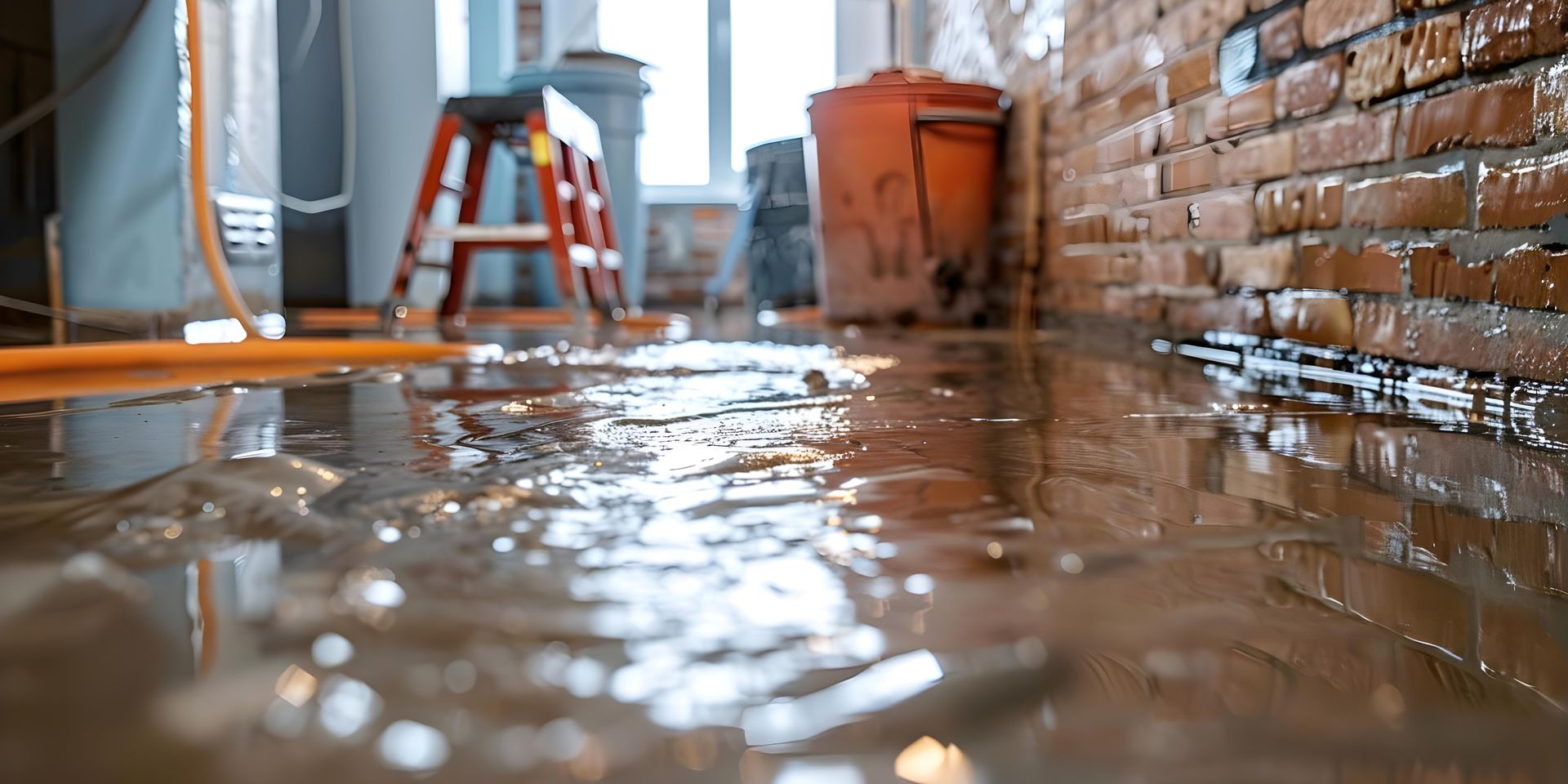 Flooded room with water covering the floor, ladder and tools visible in the background