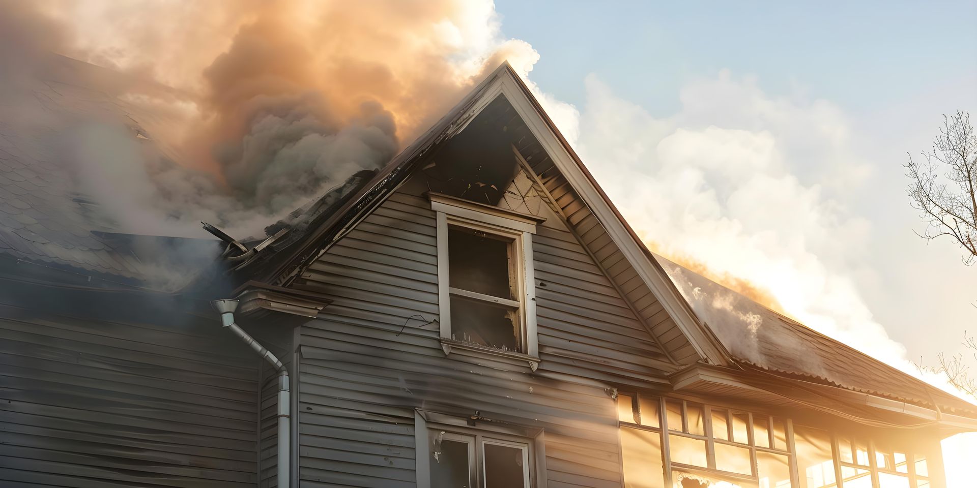 House roof engulfed in flames and smoke during a fire
