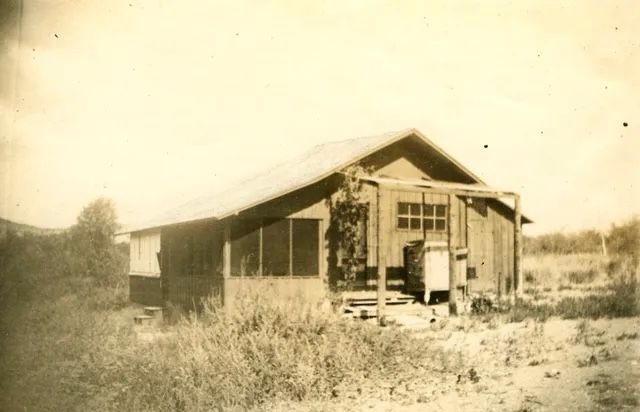 A weathered wooden building on a ranch with overgrown weeds.  The building has a screened-in porch.