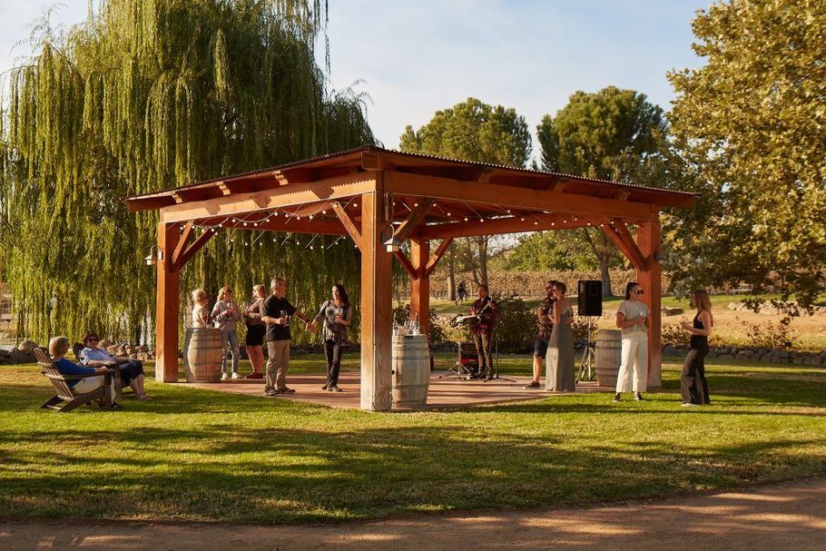 People dancing under a wooden pergola; vineyard setting.