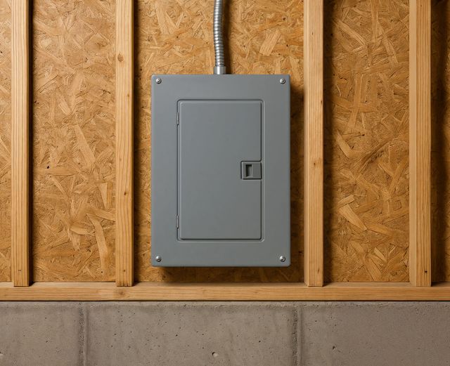 A gray electrical box is mounted to a wooden basement wall