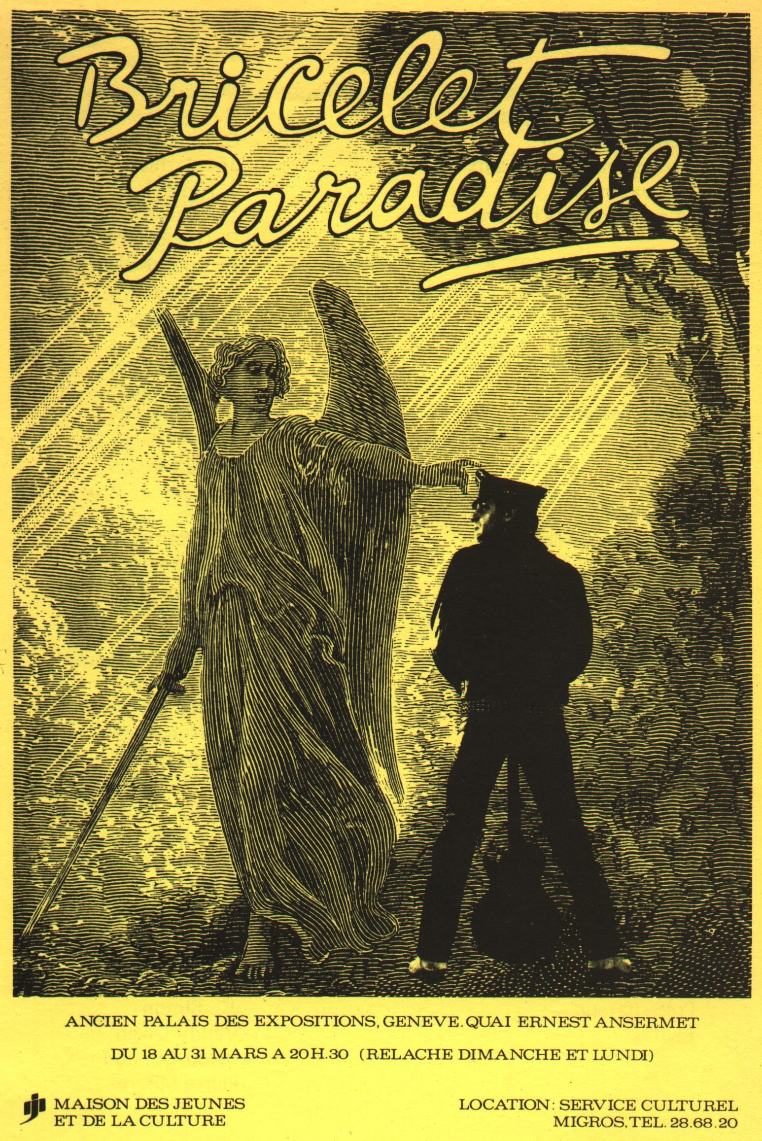 Bricelet Paradise. Comédie musicale composée par Jean Francois Mathieu. Poster: An angel with outstretched arms faces a silhouetted figure. Yellow and green tones.