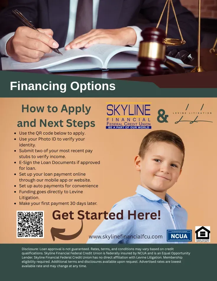Financing options ad: A lawyer writes; boy smiles. Text: How to Apply & Next Steps; Skyline Financial & Law Firm.