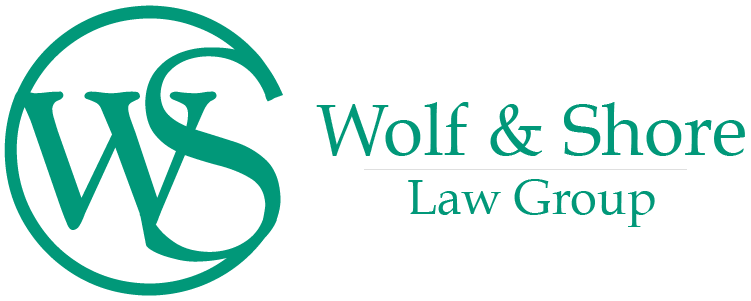 Wolf & Shore Law Group logo with teal &ldquo;WS&rdquo; monogram and text on white background