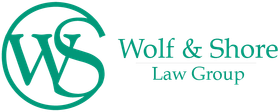 Wolf & Shore Law Group logo with teal “WS” monogram and text on white background