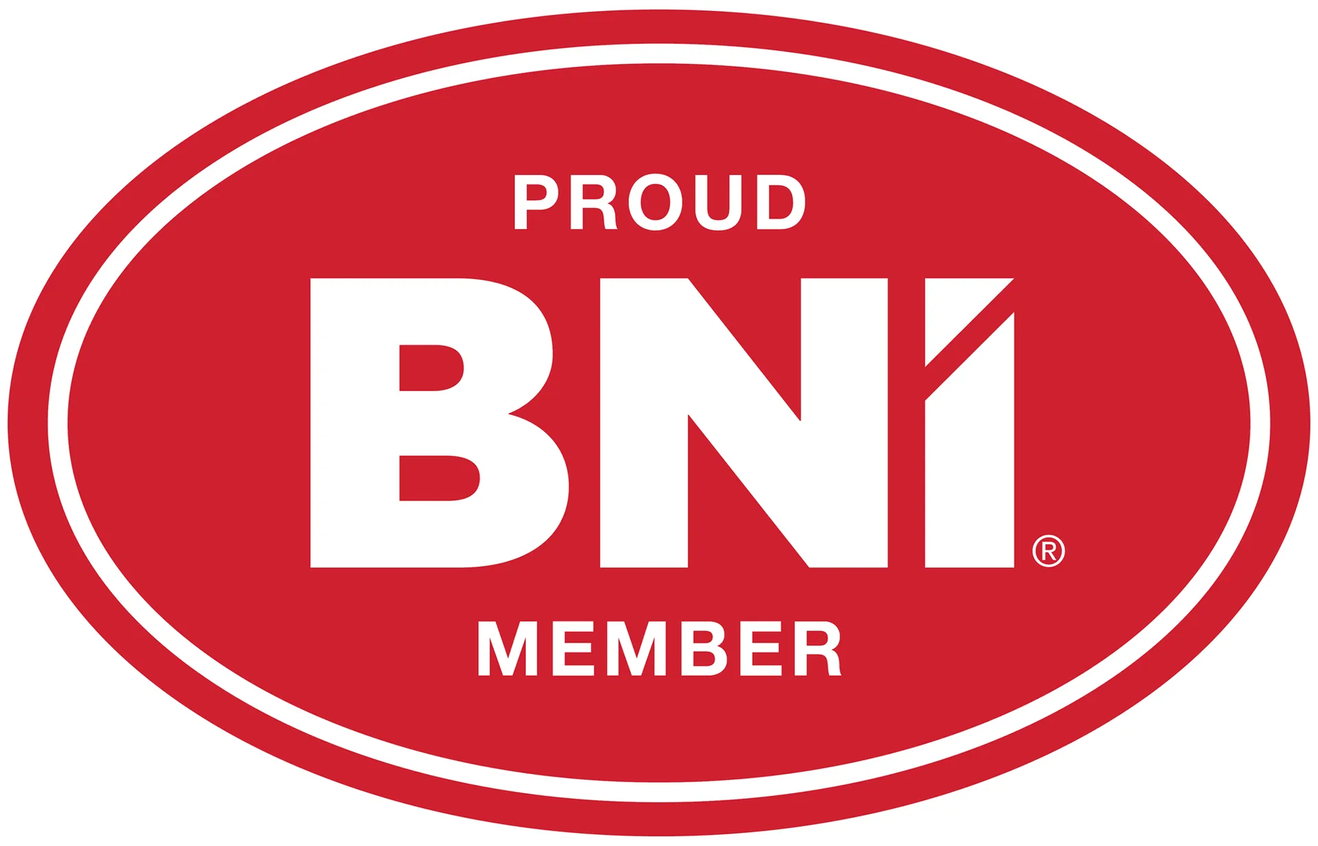 Red oval badge with white text