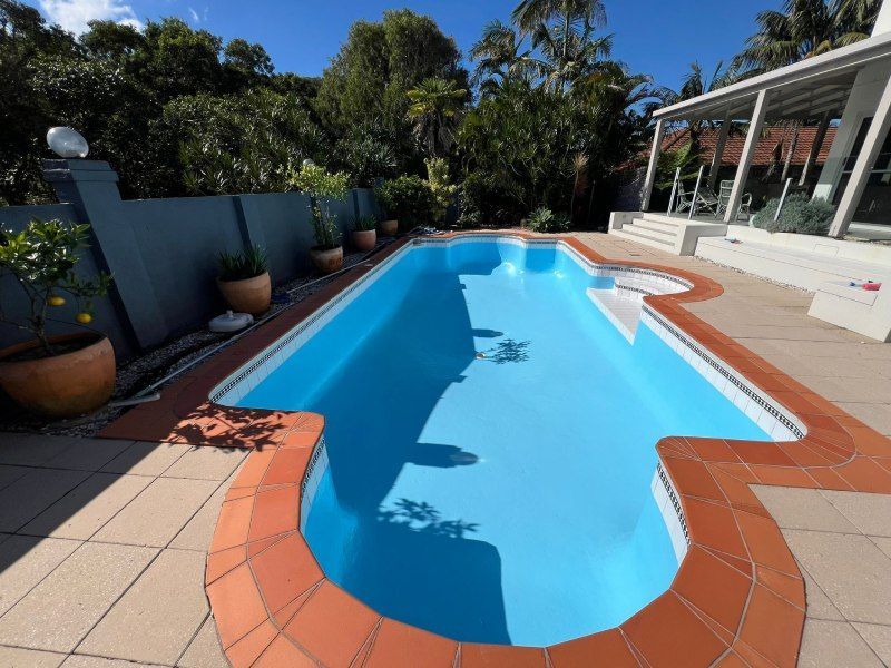 Backyard swimming pool with blue water, terracotta deck, and tropical plants in sunlight