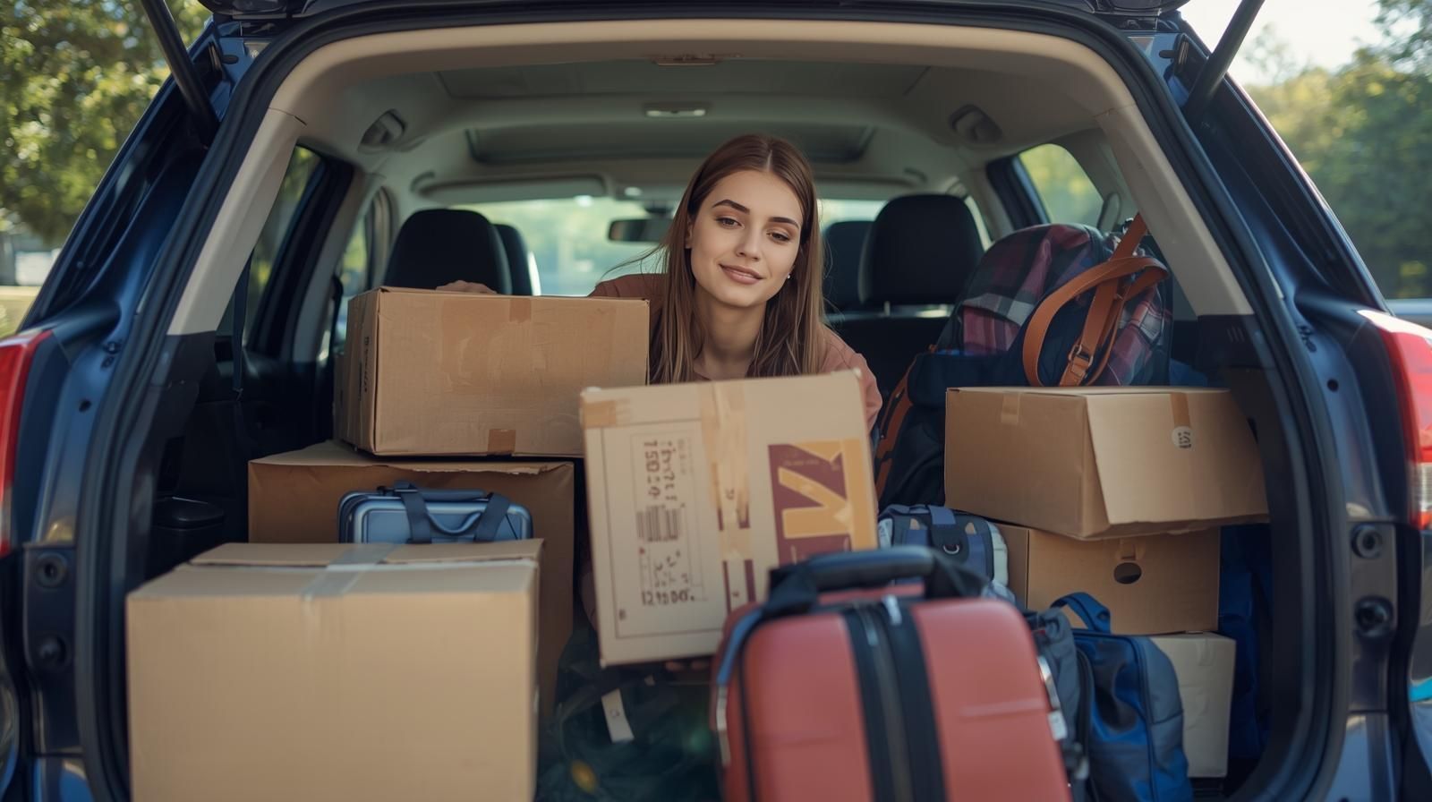 Woman in car trunk surrounded by moving boxes; smiling, possibly moving out.