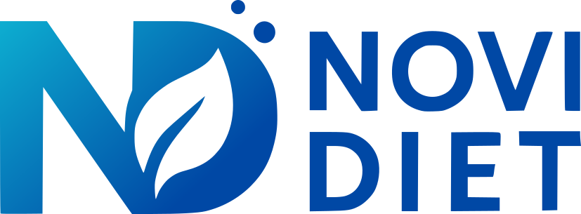 Logo Novi Diet bleu avec icône « N » stylisée et texte en gras sur fond blanc