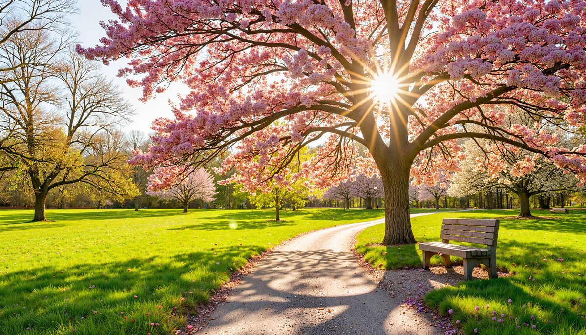 Sunlit park with pink-blossomed tree, winding path, and bench in spring