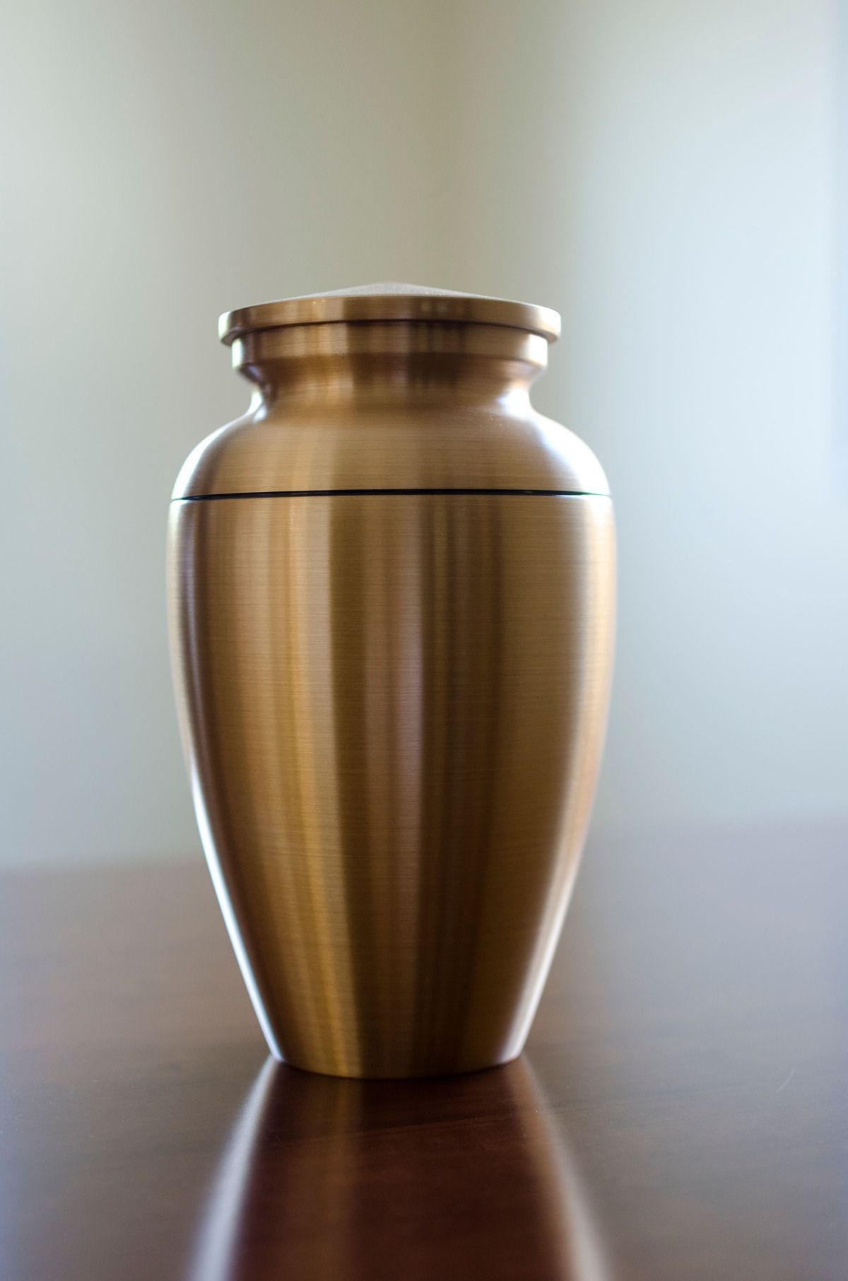 Brushed brass vase with a rounded body on a wooden surface against a plain wall