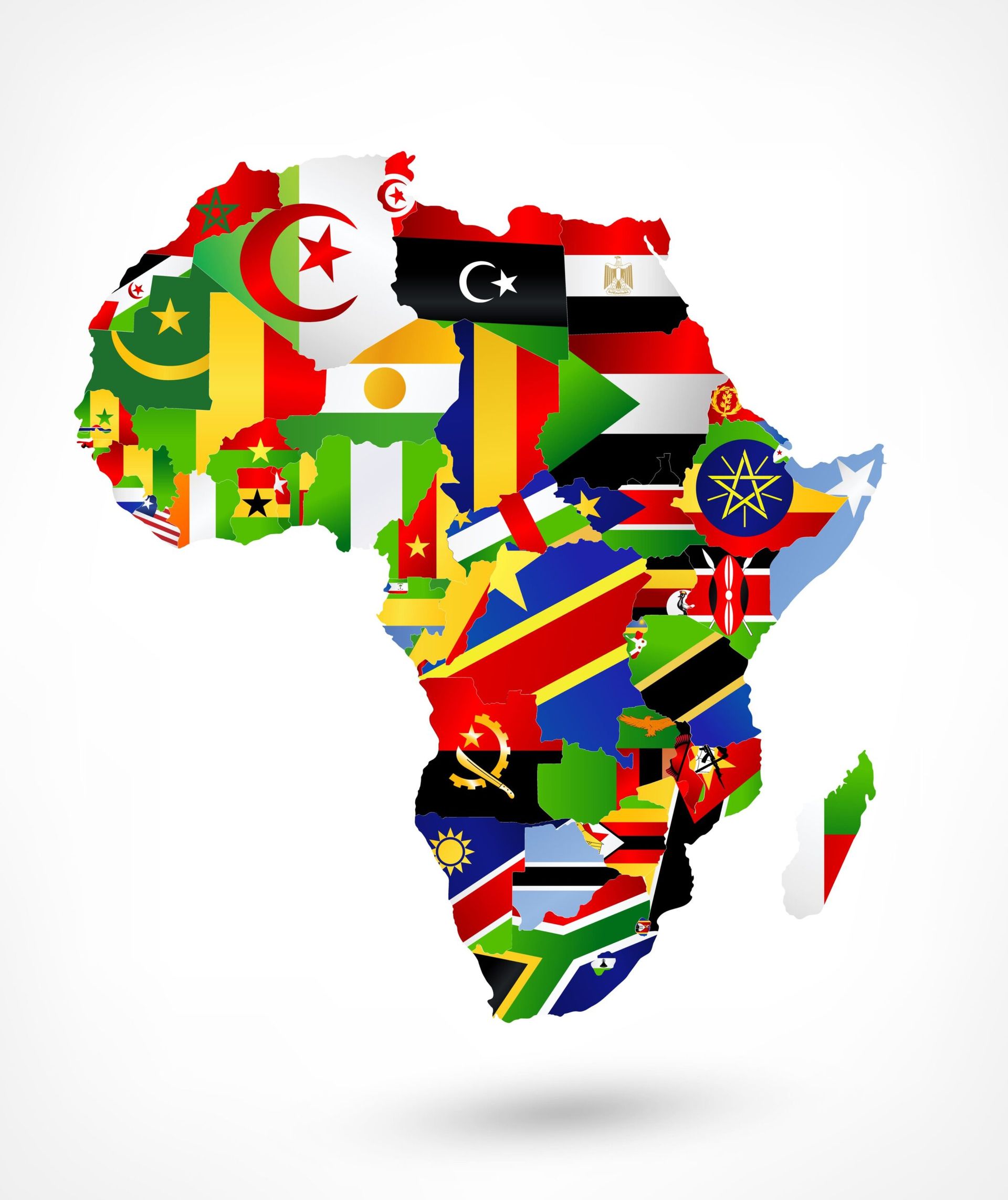 Africa map filled with African nations’ flags on a white background