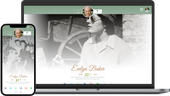 Responsive memorial website shown on a phone and laptop with a black-and-white portrait banner