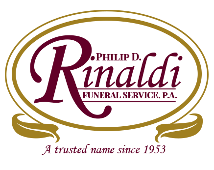 Philip D. Rinaldi Funeral Service, P.A. logo with gold oval and maroon script, “A trusted name since 1953”