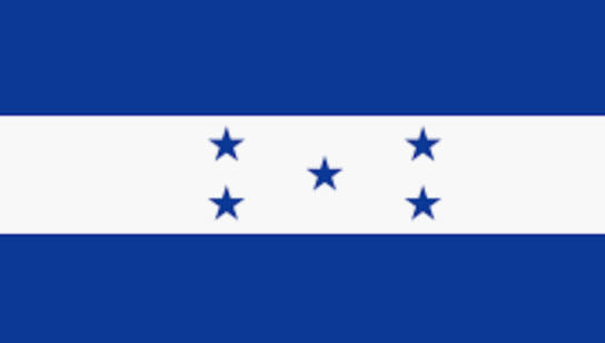Horizontal blue-white-blue flag with five blue stars centered on the white stripe.