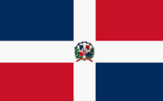 Dominican Republic flag with red, white, and blue quadrants and a central coat of arms