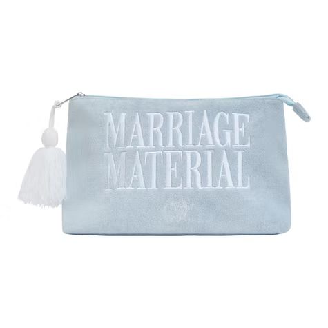Light blue pouch with white tassel, printed “MARRIAGE MATERIAL” in white letters